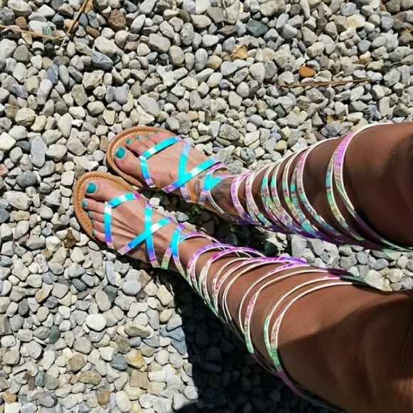 "Stand Out" White Hologram Knee High Sandals - Picture 2 of 4